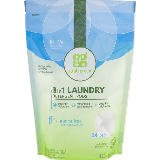 slide 7 of 8, Grab Green Fragrance Free 3 In 1 Laundry Detergent Pods, 24 ct; 15.2 oz