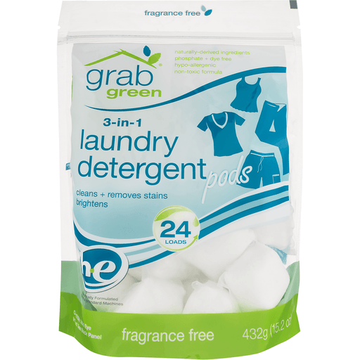 slide 6 of 8, Grab Green Fragrance Free 3 In 1 Laundry Detergent Pods, 24 ct; 15.2 oz