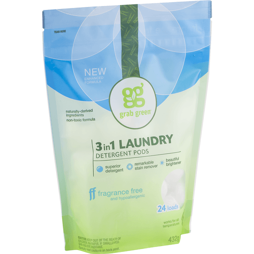 slide 4 of 8, Grab Green Fragrance Free 3 In 1 Laundry Detergent Pods, 24 ct; 15.2 oz