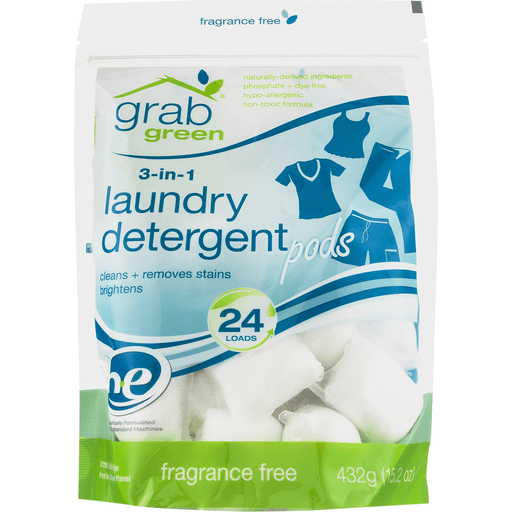 slide 2 of 8, Grab Green Fragrance Free 3 In 1 Laundry Detergent Pods, 24 ct; 15.2 oz