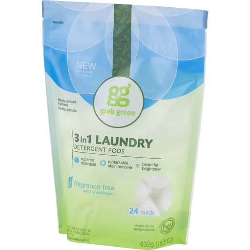 slide 3 of 8, Grab Green Fragrance Free 3 In 1 Laundry Detergent Pods, 24 ct; 15.2 oz