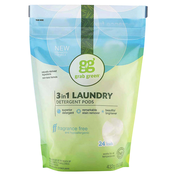 slide 1 of 8, Grab Green Fragrance Free 3 In 1 Laundry Detergent Pods, 24 ct; 15.2 oz