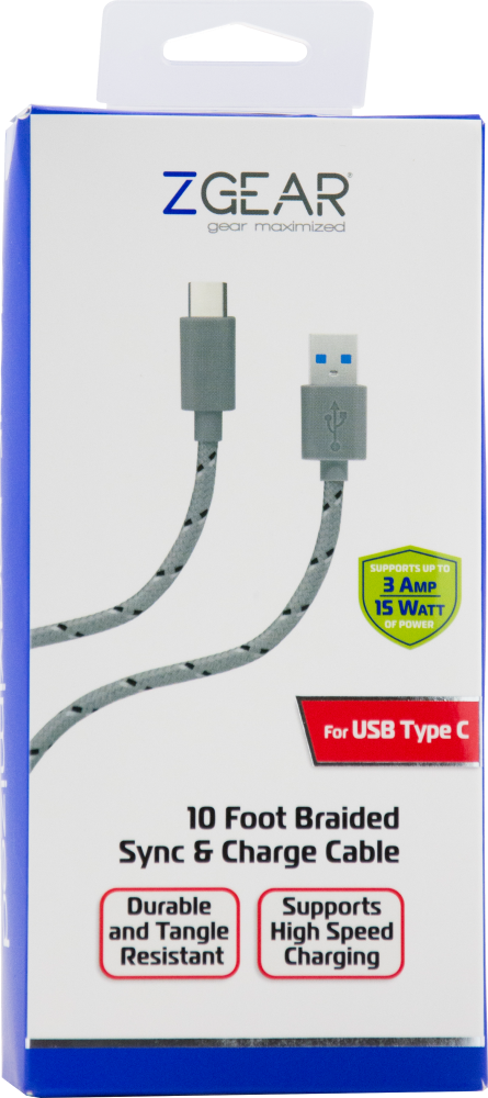 slide 1 of 1, Z GEAR 15-Watt 3-Amp Sync and Charge Cable for USB Type C - Gray, 10 ft