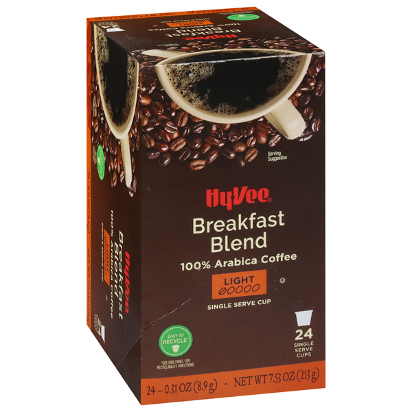 slide 1 of 1, Hy-vee Light Roast Breakfast Blend 100% Arabica Coffee Single Serve Cups - 24 ct, 24 ct