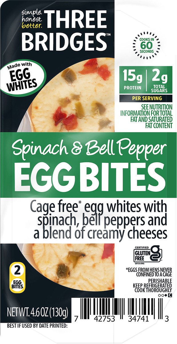 slide 2 of 3, Three Bridges Retail Spinach & Bell Pepper Egg White Bites, 4.6 oz