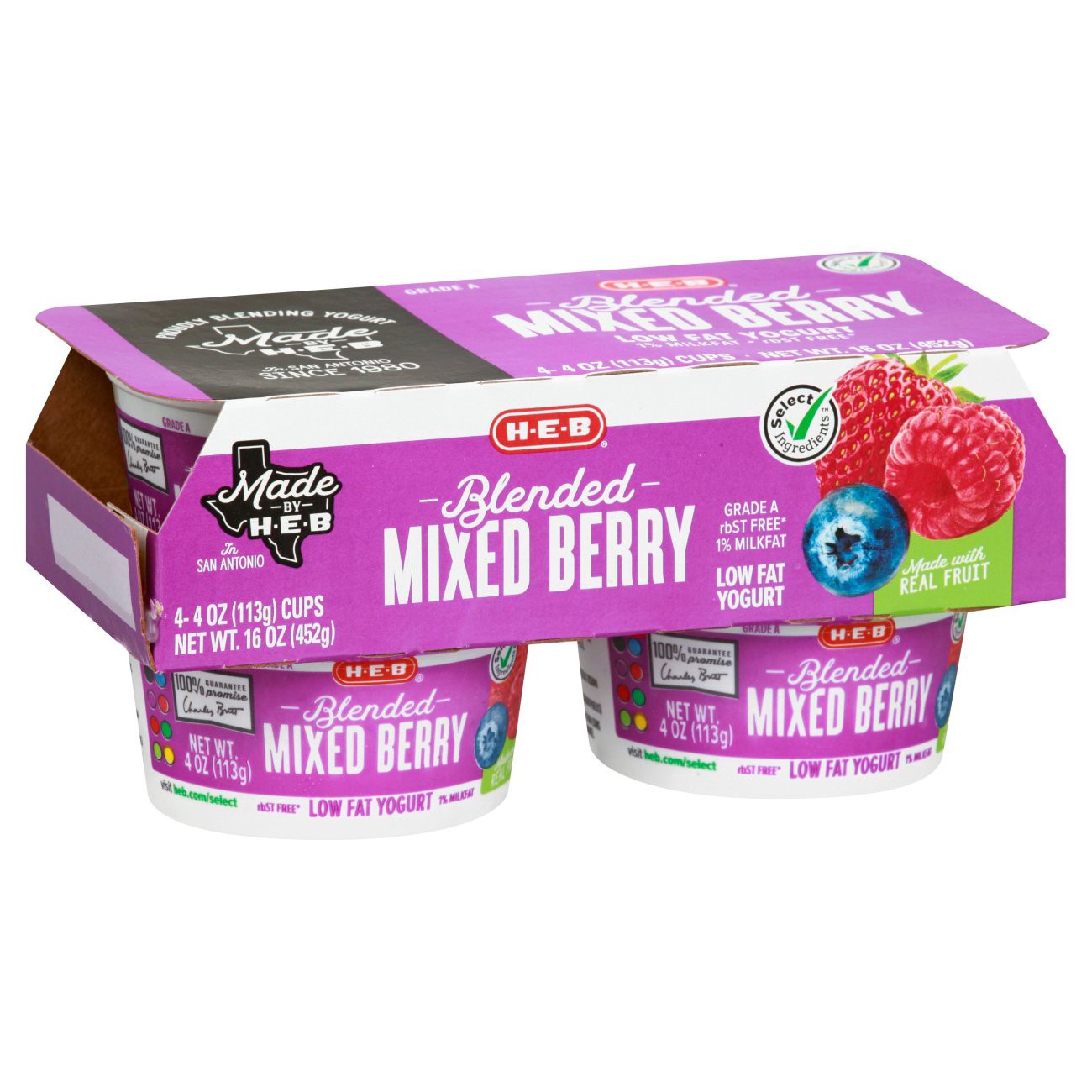 slide 1 of 1, H-E-B Blended Mixed Berry Low-Fat Yogurt, 4 ct