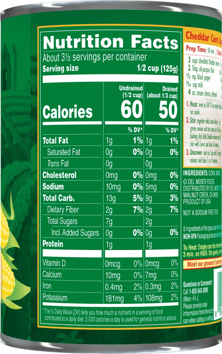 slide 4 of 7, Del Monte Fresh Cut No Salt Added Whole Kernel Golden Sweet Corn 15.25 oz, 15.25 oz