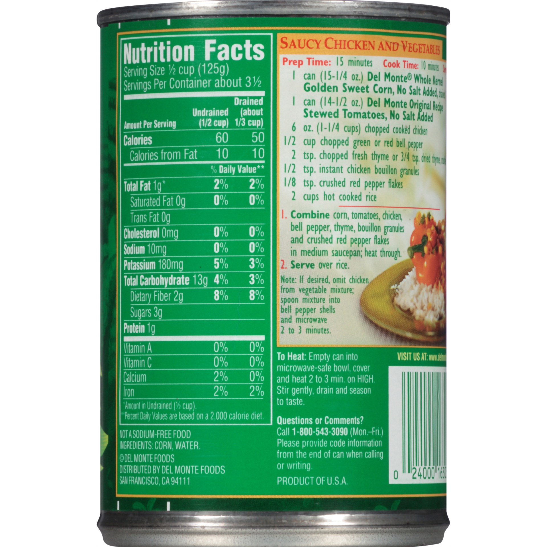 Del Monte Fresh Cut No Salt Added Whole Kernel Corn 15.25 Oz 