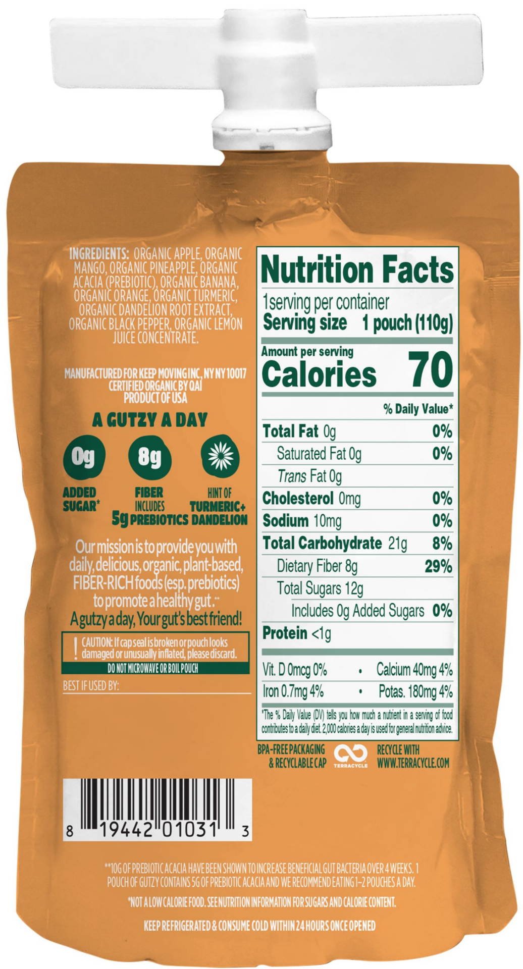 slide 4 of 5, Gutzy Organic Apple Mango + Turmeric Dandelion Prebiotic Gut Health Snack 3.9 oz, 3.9 oz