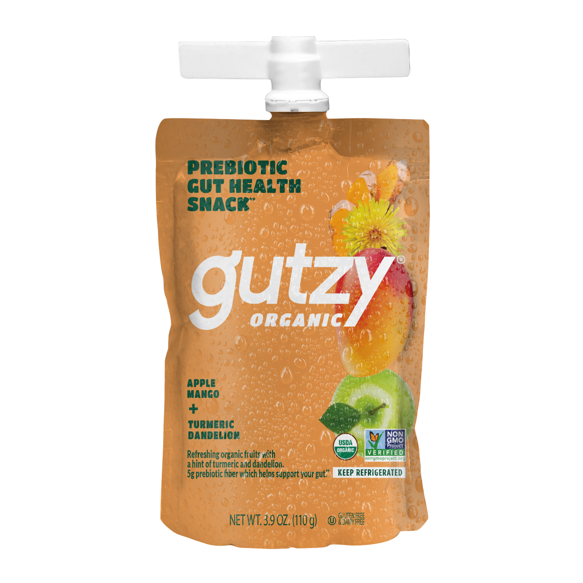 slide 1 of 5, Gutzy Organic Apple Mango + Turmeric Dandelion Prebiotic Gut Health Snack 3.9 oz, 3.9 oz