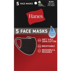 slide 1 of 1, Hanes Black Face Masks, Washable & Reusable, 5 Ct, 5 ct