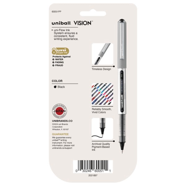 slide 8 of 8, uni-ball Vision Liquid Ink Rollerball Pens, Fine Point, Silver Barrel, Black Ink, Pack Of 5 Pens, 5 ct
