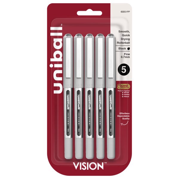 slide 1 of 8, uni-ball Vision Liquid Ink Rollerball Pens, Fine Point, Silver Barrel, Black Ink, Pack Of 5 Pens, 5 ct