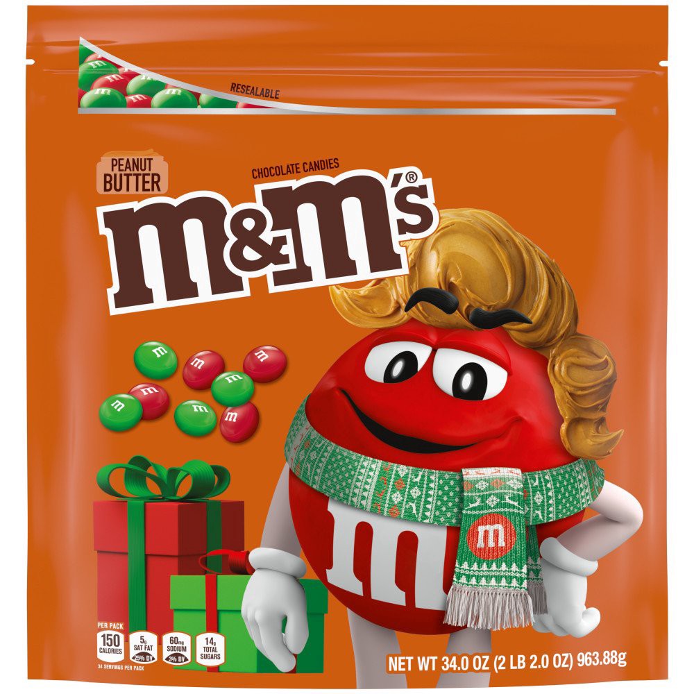 slide 1 of 1, M&M's Peanut Butter Milk Chocolate Christmas Candy, 34 Oz Resealable Bag, 34 oz
