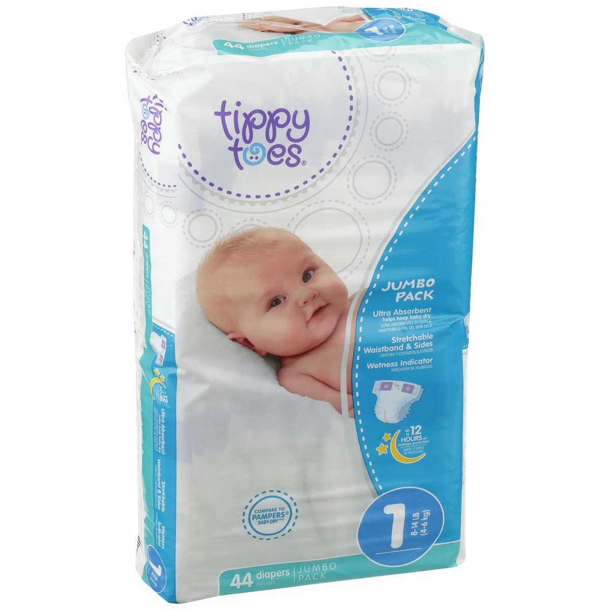 slide 2 of 8, Tippy Toes Jumbo Pack Diapers, 1 8-14 Lb, 44 ct