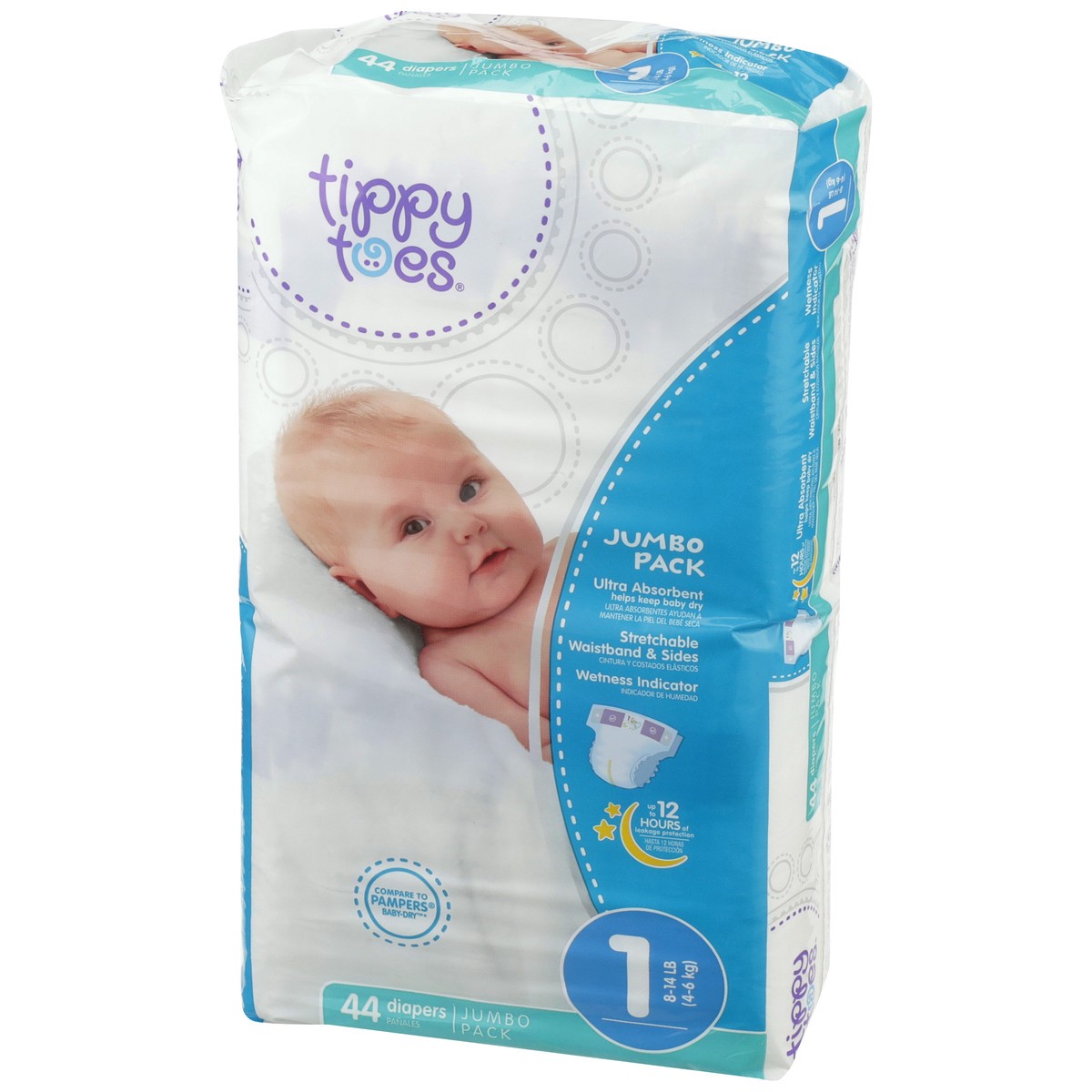 slide 3 of 8, Tippy Toes Jumbo Pack Diapers, 1 8-14 Lb, 44 ct