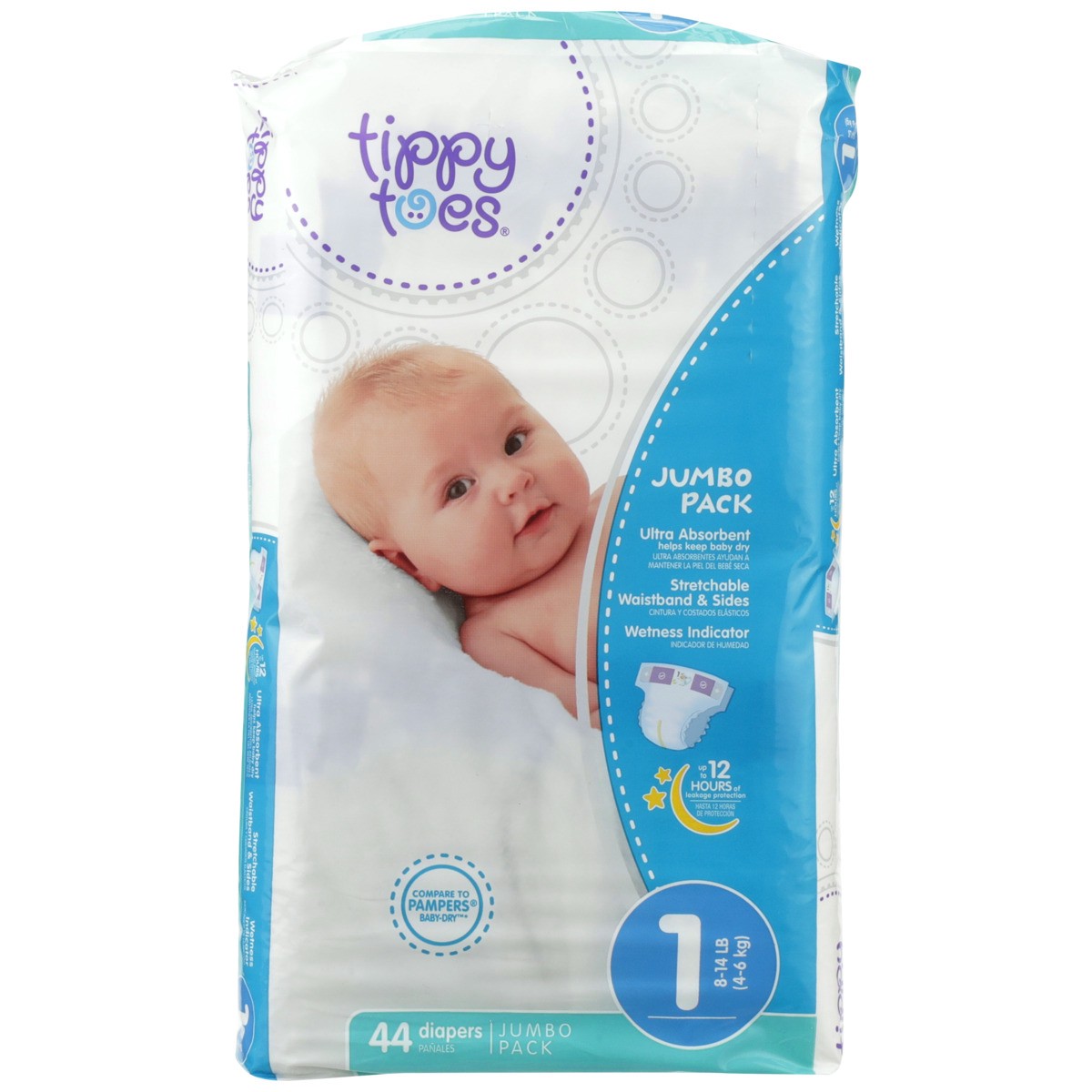 slide 7 of 8, Tippy Toes Jumbo Pack Diapers, 1 8-14 Lb, 44 ct