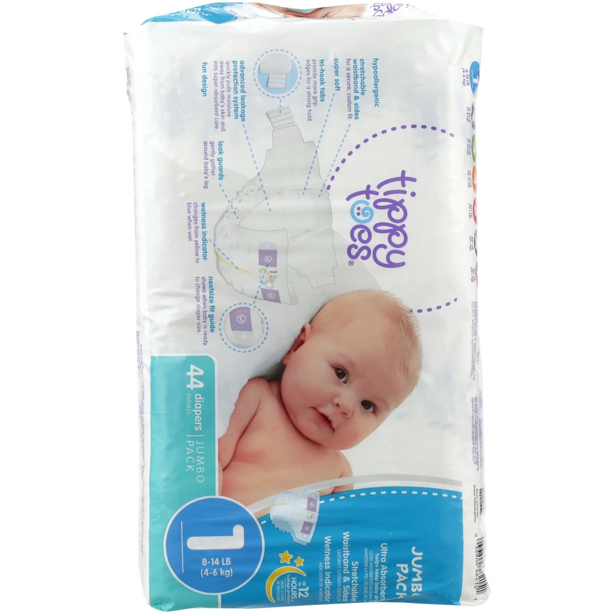 slide 8 of 8, Tippy Toes Jumbo Pack Diapers, 1 8-14 Lb, 44 ct