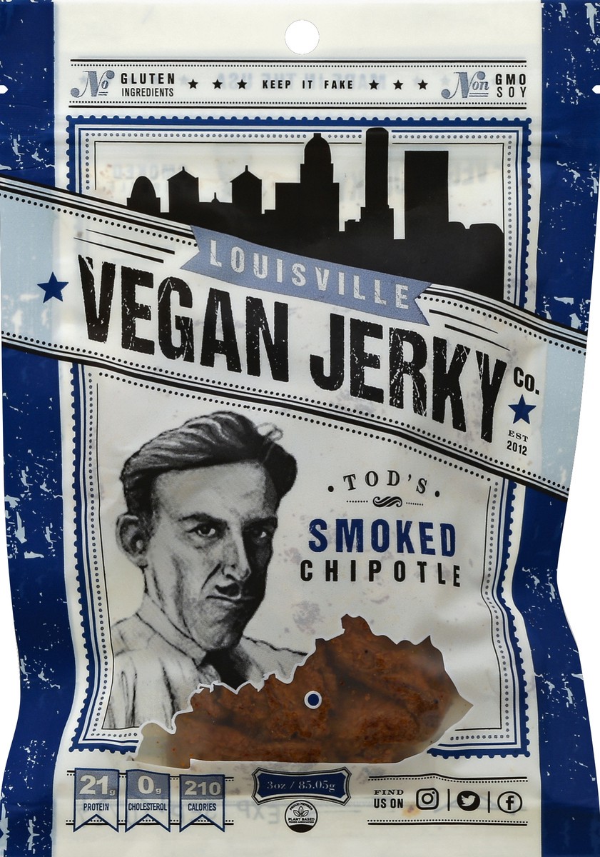 slide 3 of 3, Louisville Vegan Jerky Co. Jerky, Vegan, Tod's Smoke Chipotle, 3 oz