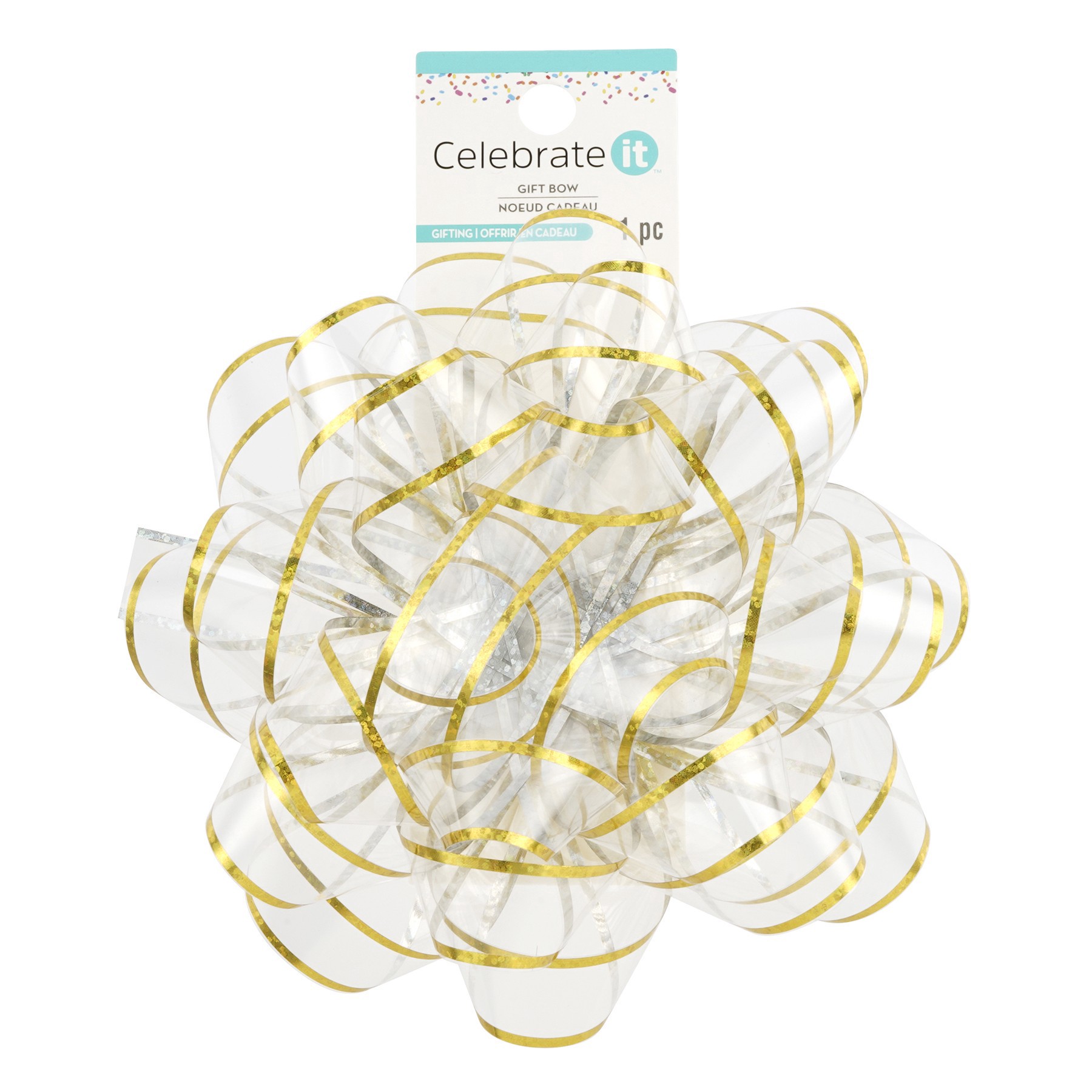slide 2 of 3, 6" Clear & Gold Trim Gift Bow By Celebrate It, 6 in x 0.6 in