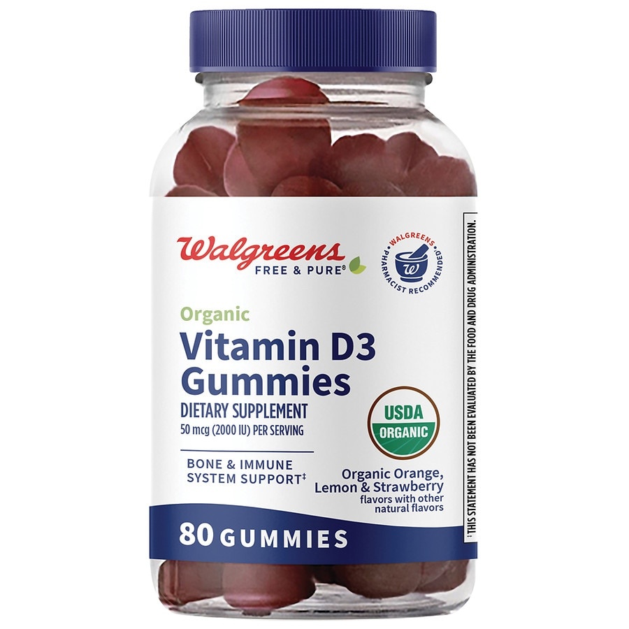 slide 1 of 1, Walgreens Free & Pure Organic Vitamin D3 Gummies Organic Orange, Lemon & Strawberry, 80 ct