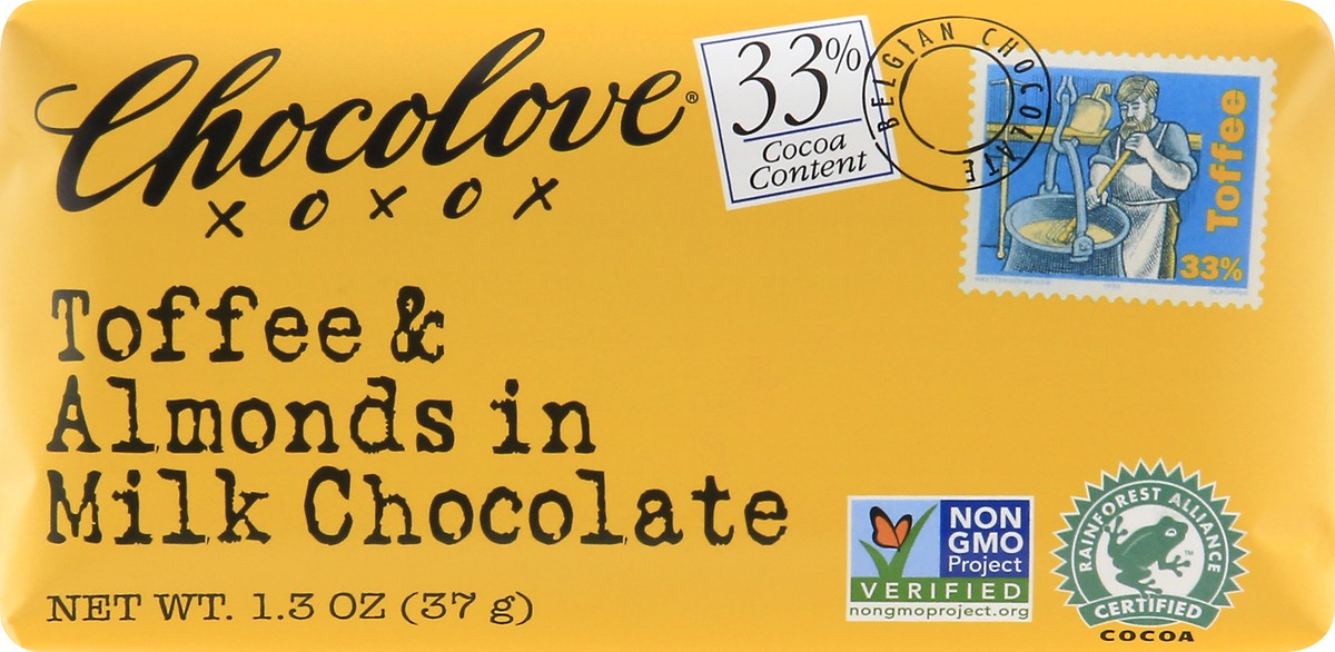 slide 1 of 1, Chocolove Toffee & Almond Mini M/Choc Candy Bar, 1.3 oz