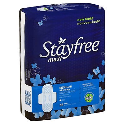 slide 1 of 7, Stayfree Regular Maxi Pads With Wings, 36 ct