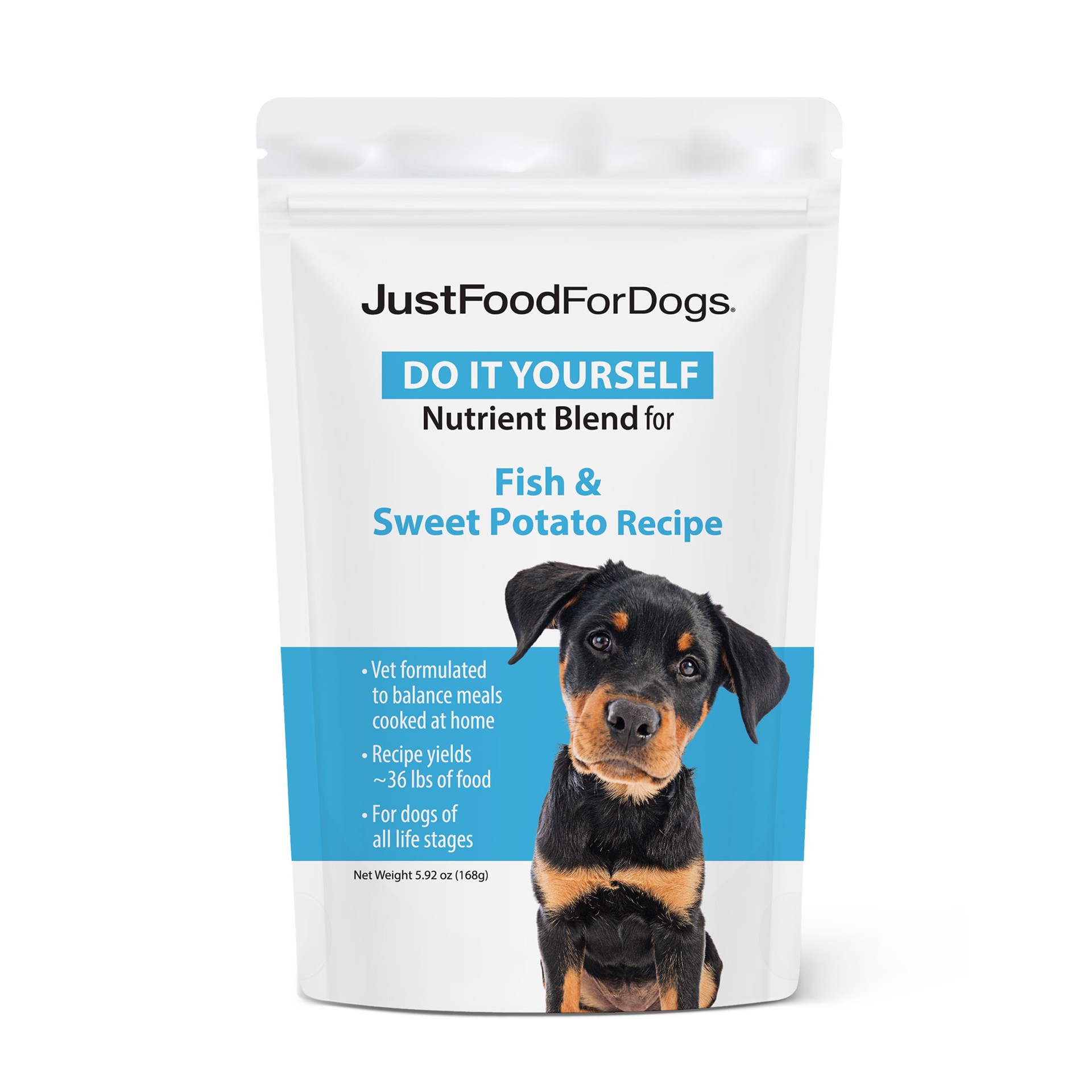 slide 1 of 1, JustFoodForDogs Do-It-Yourself Fish and Sweet Potato Canister Dog Food Nutrients, 168 gram