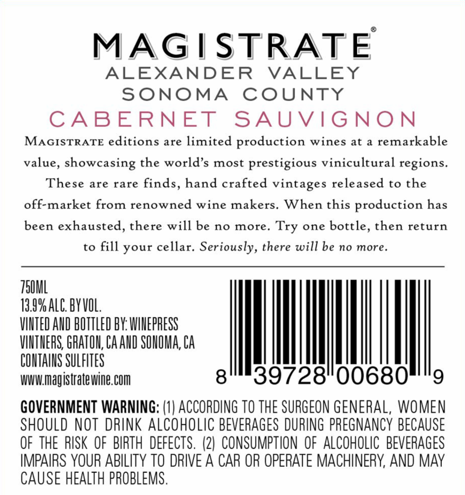 slide 1 of 1, Magistrate Alexander Valley Cabernet Sauvignon Red Wine, 750 ml