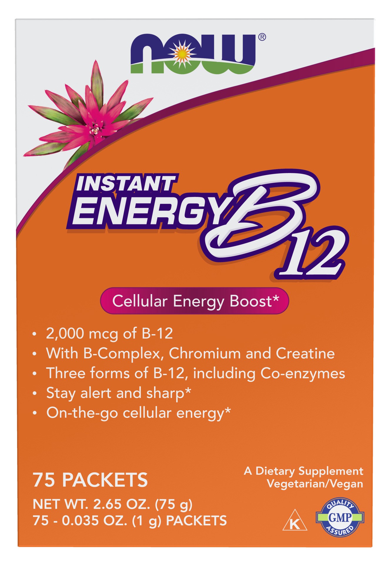 slide 1 of 4, NOW Supplements Instant Energy B-12 (2,000 mcg of B-12 per packet) - 75 Packets, 75 ct