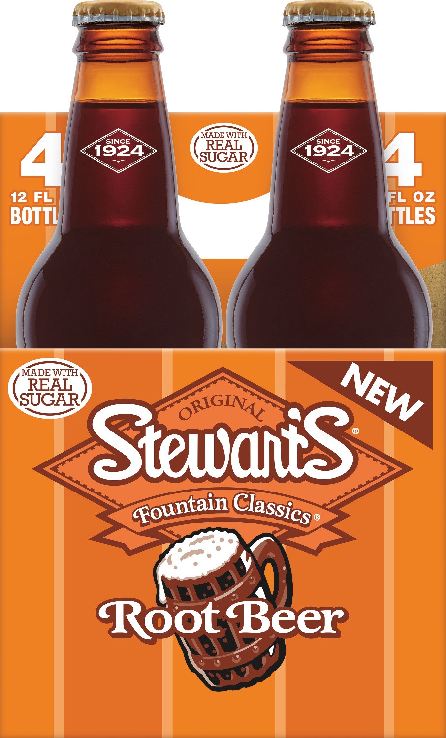 slide 1 of 3, Stewart's Root Beer Made With Sugar Glass Bottles, 4 ct; 12 fl oz