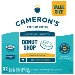 Cameron's Coffee Donut Shop Medium Roast Smooth Single Serve Pods - 32 count, 0.36 oz