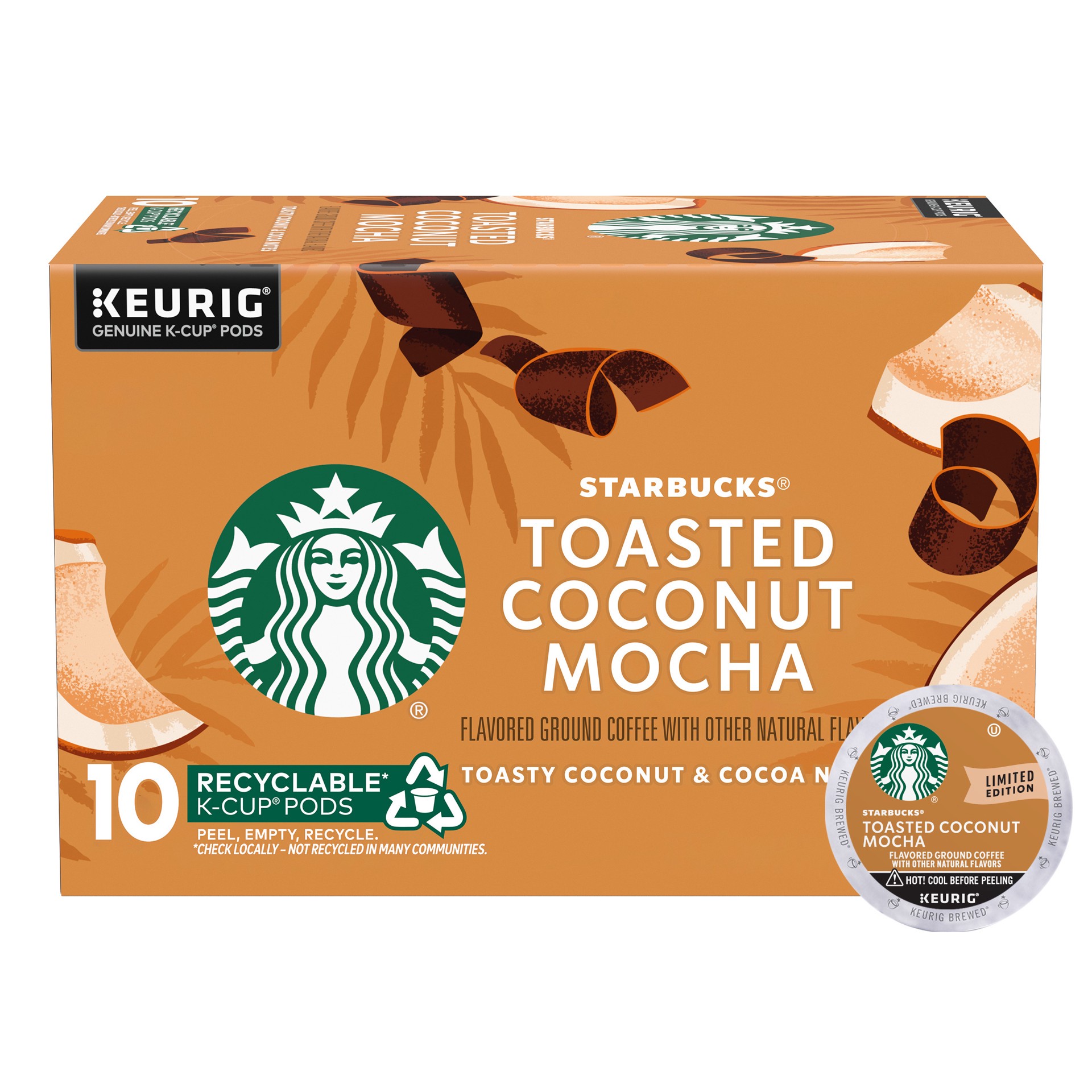 slide 1 of 5, Starbucks K-Cup Coffee Pods, Toasted Coconut Mocha Flavored Coffee for Keurig Brewers, 100% Arabica, Limited Edition, 1 Box (10 Pods), 3.7 oz