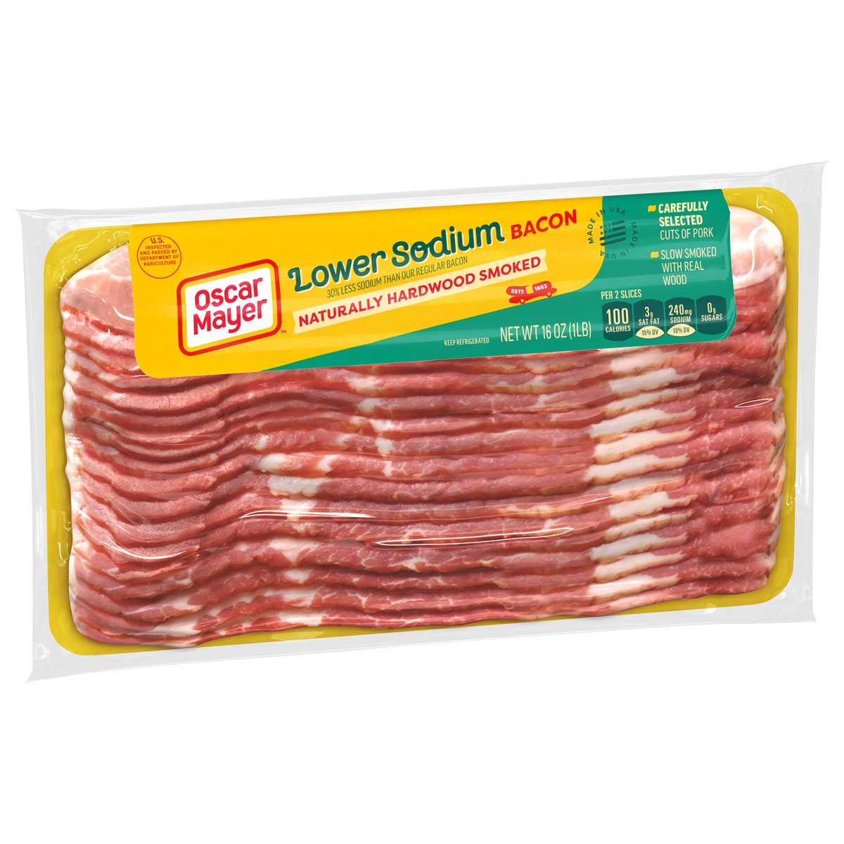 slide 9 of 12, Oscar Mayer Naturally Hardwood Smoked Bacon 30% with Lower Sodium, 16 oz Pack, 17-19 slices, 16 oz