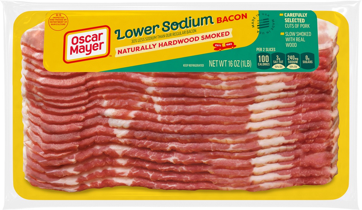 slide 7 of 12, Oscar Mayer Naturally Hardwood Smoked Bacon 30% with Lower Sodium, 16 oz Pack, 17-19 slices, 16 oz