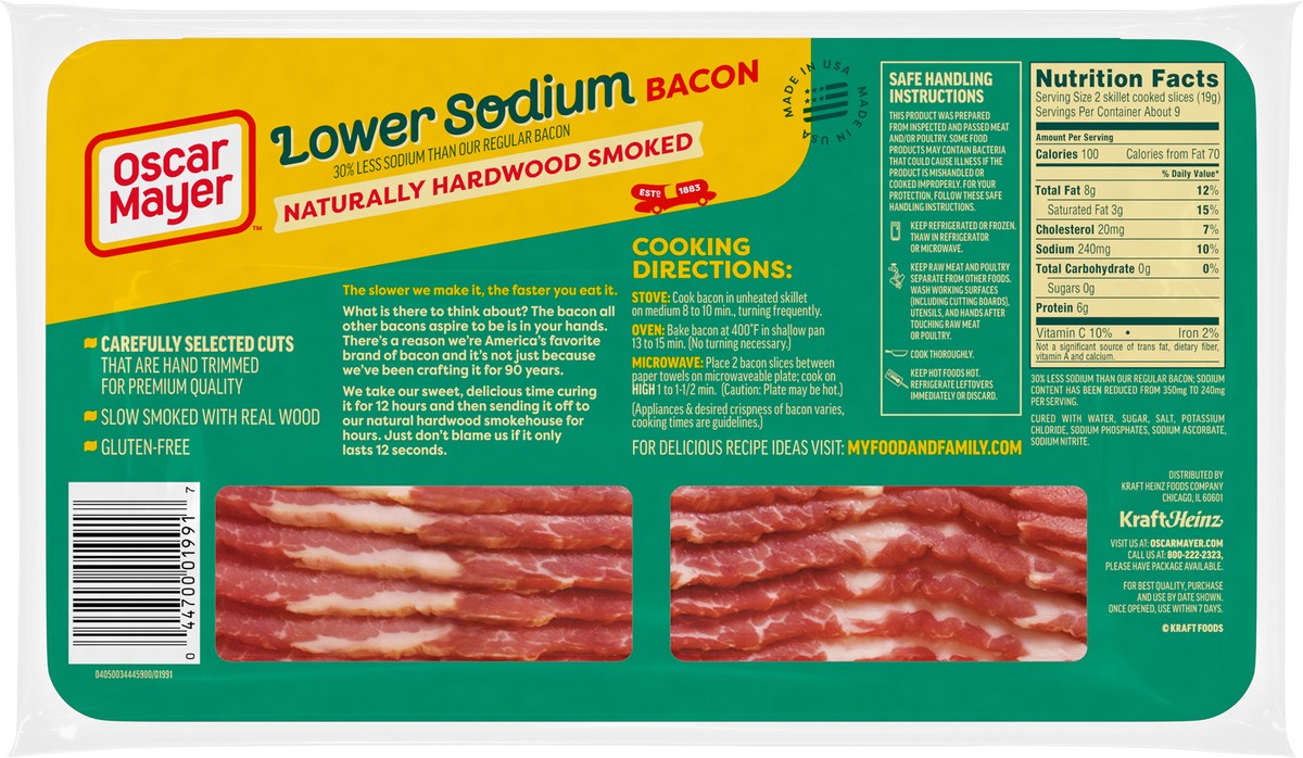 slide 8 of 12, Oscar Mayer Naturally Hardwood Smoked Bacon 30% with Lower Sodium, 16 oz Pack, 17-19 slices, 16 oz