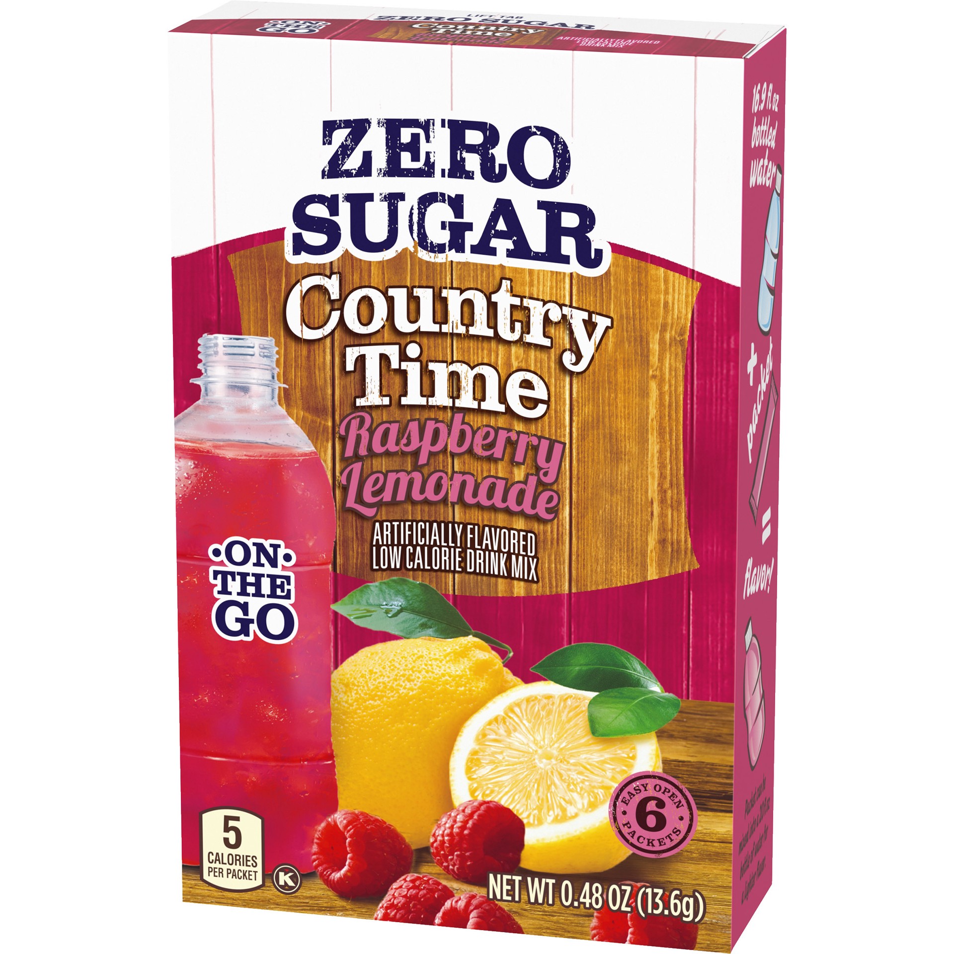 slide 4 of 5, Country Time Zero Sugar Raspberry Lemonade Artificially Flavored Powdered Drink Mix, 6 ct On-the-Go Packets, 6 ct; 0.48 oz