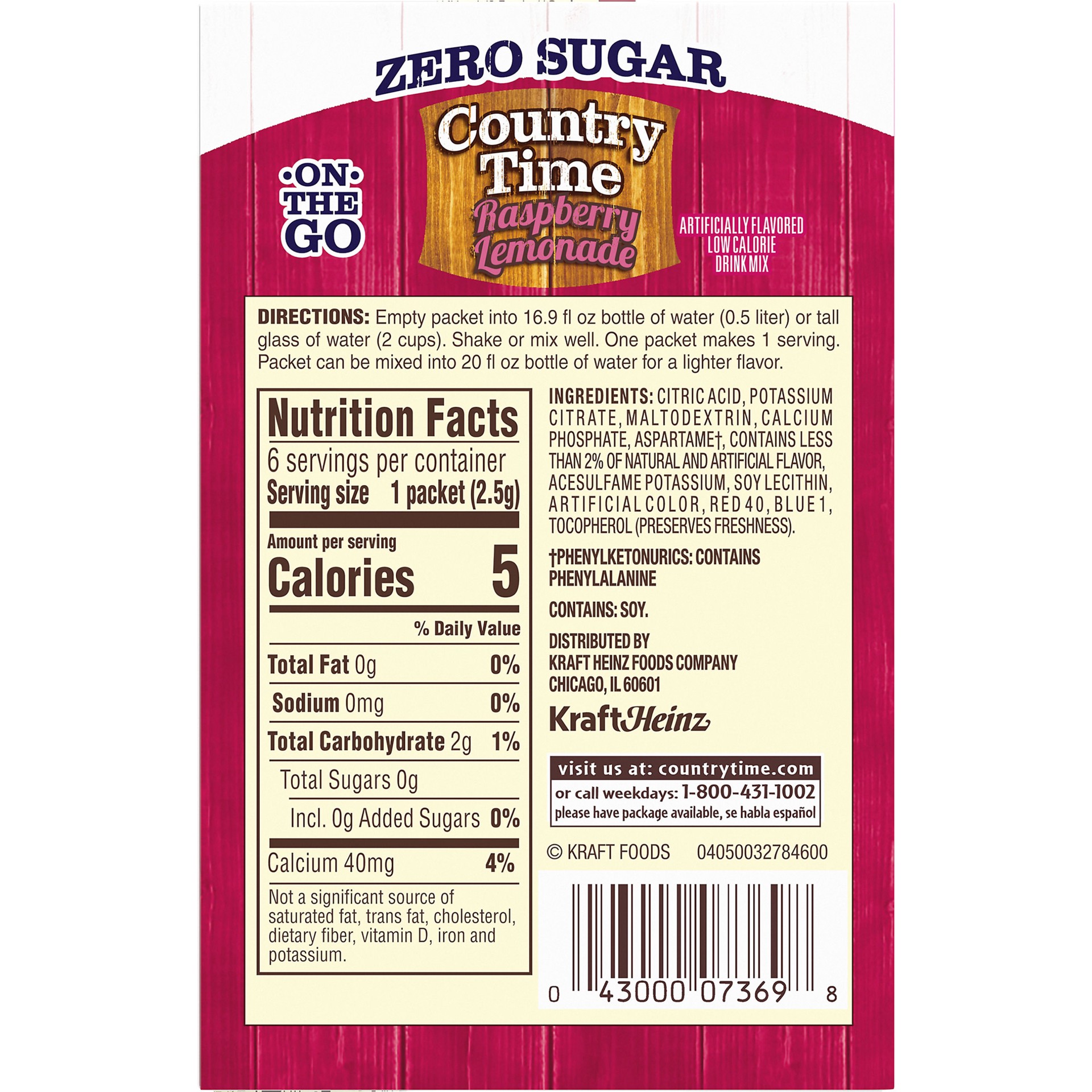 slide 2 of 5, Country Time Zero Sugar Raspberry Lemonade Artificially Flavored Powdered Drink Mix, 6 ct On-the-Go Packets, 6 ct; 0.48 oz