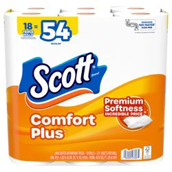 Scott ComfortPlus Toilet Paper, 18 Triple Rolls, 231 Sheets per Roll, Septic-Safe, 1-Ply Toilet Tissue