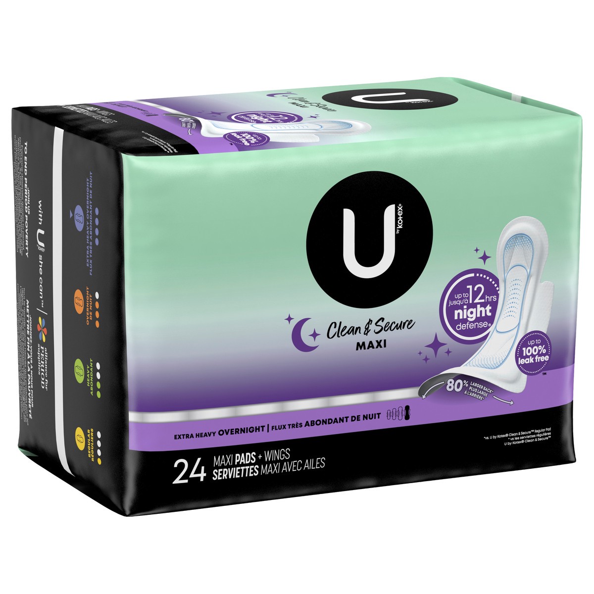 slide 7 of 9, U by Kotex Clean & Secure Overnight Maxi Pads with Wings, Extra Heavy Absorbency, 24 Count, 24 ct