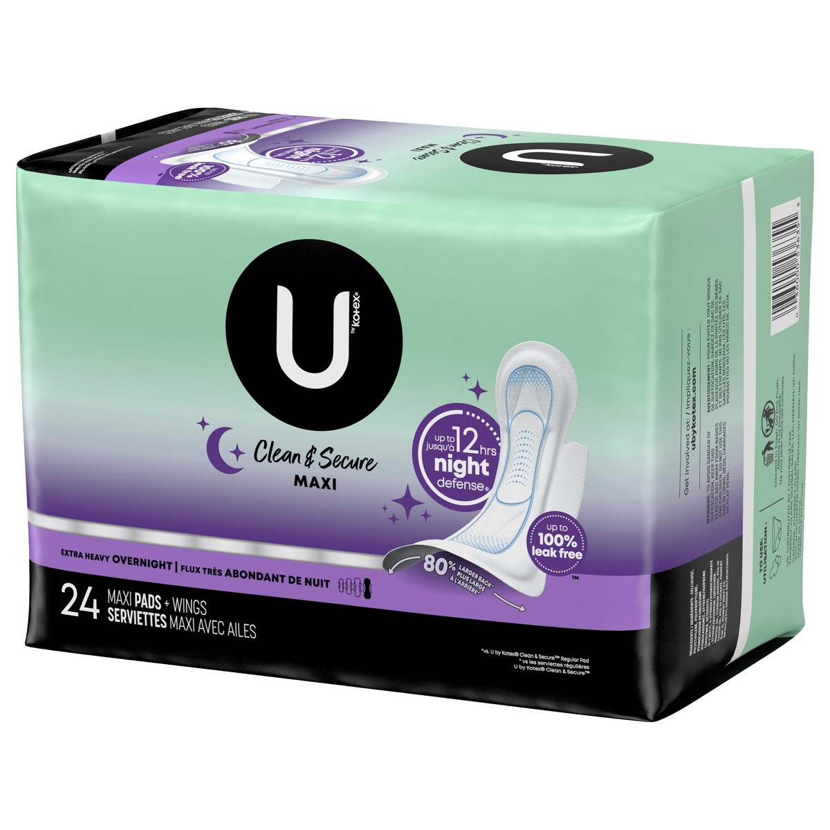 slide 8 of 9, U by Kotex Clean & Secure Overnight Maxi Pads with Wings, Extra Heavy Absorbency, 24 Count, 24 ct