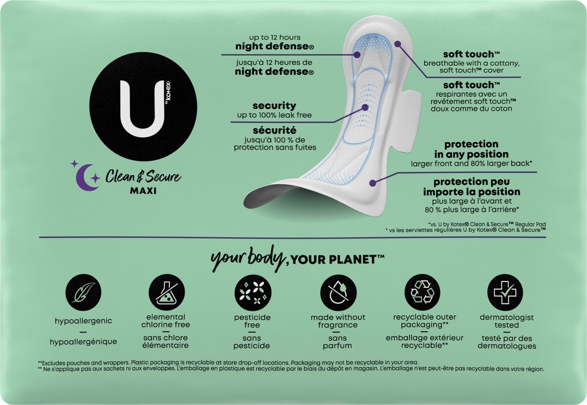 slide 9 of 9, U by Kotex Clean & Secure Overnight Maxi Pads with Wings, Extra Heavy Absorbency, 24 Count, 24 ct