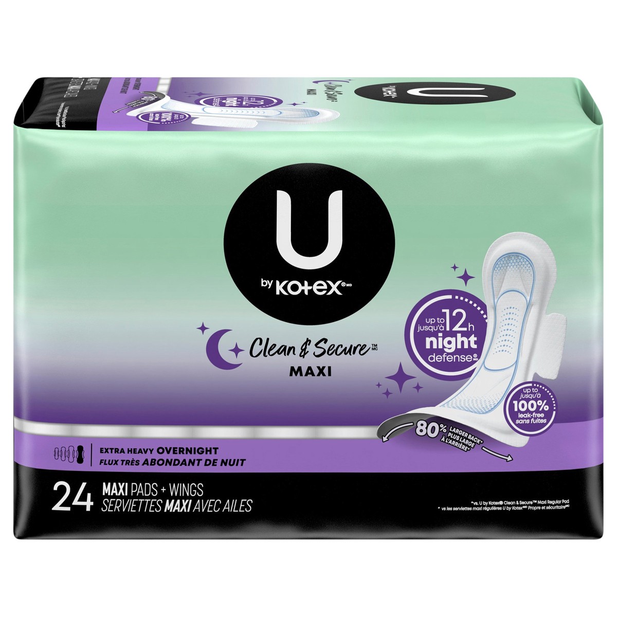 slide 1 of 9, U by Kotex Clean & Secure Overnight Maxi Pads with Wings, Extra Heavy Absorbency, 24 Count, 24 ct