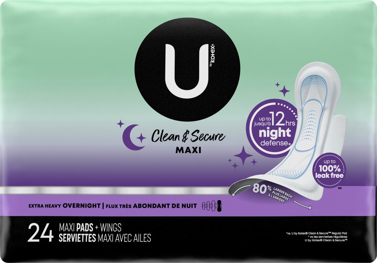 slide 4 of 9, U by Kotex Clean & Secure Overnight Maxi Pads with Wings, Extra Heavy Absorbency, 24 Count, 24 ct