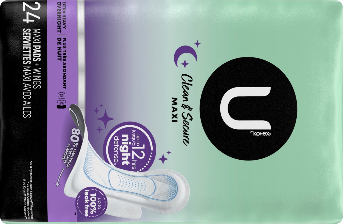 slide 6 of 9, U by Kotex Clean & Secure Overnight Maxi Pads with Wings, Extra Heavy Absorbency, 24 Count, 24 ct
