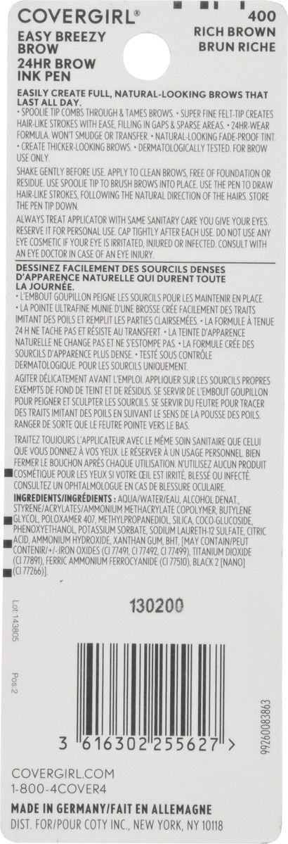 slide 6 of 9, Covergirl Easy Breezy Brow Rich Brown 400 Brow Ink Pen 0.02 fl oz, 0.02 fl oz