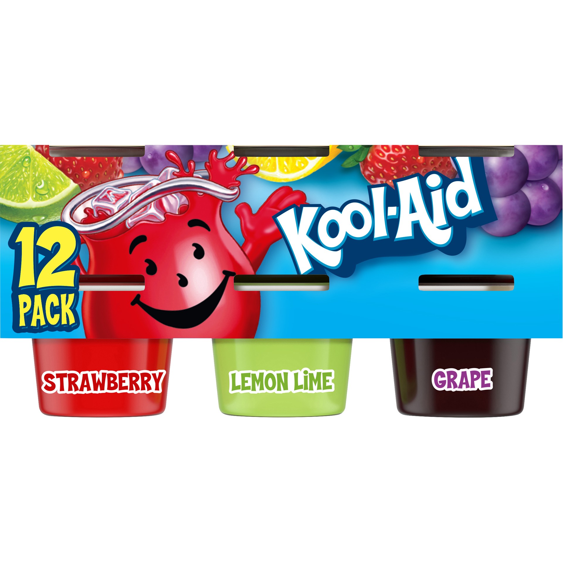 slide 1 of 5, Kool-Aid Sugar-Sweetened Strawberry, Lemon Lime & Grape Artificially Flavored Jell-O Ready-to-Eat Jello Cups Gelatin Snack Variety Pack, 12 ct Cups, 12 ct