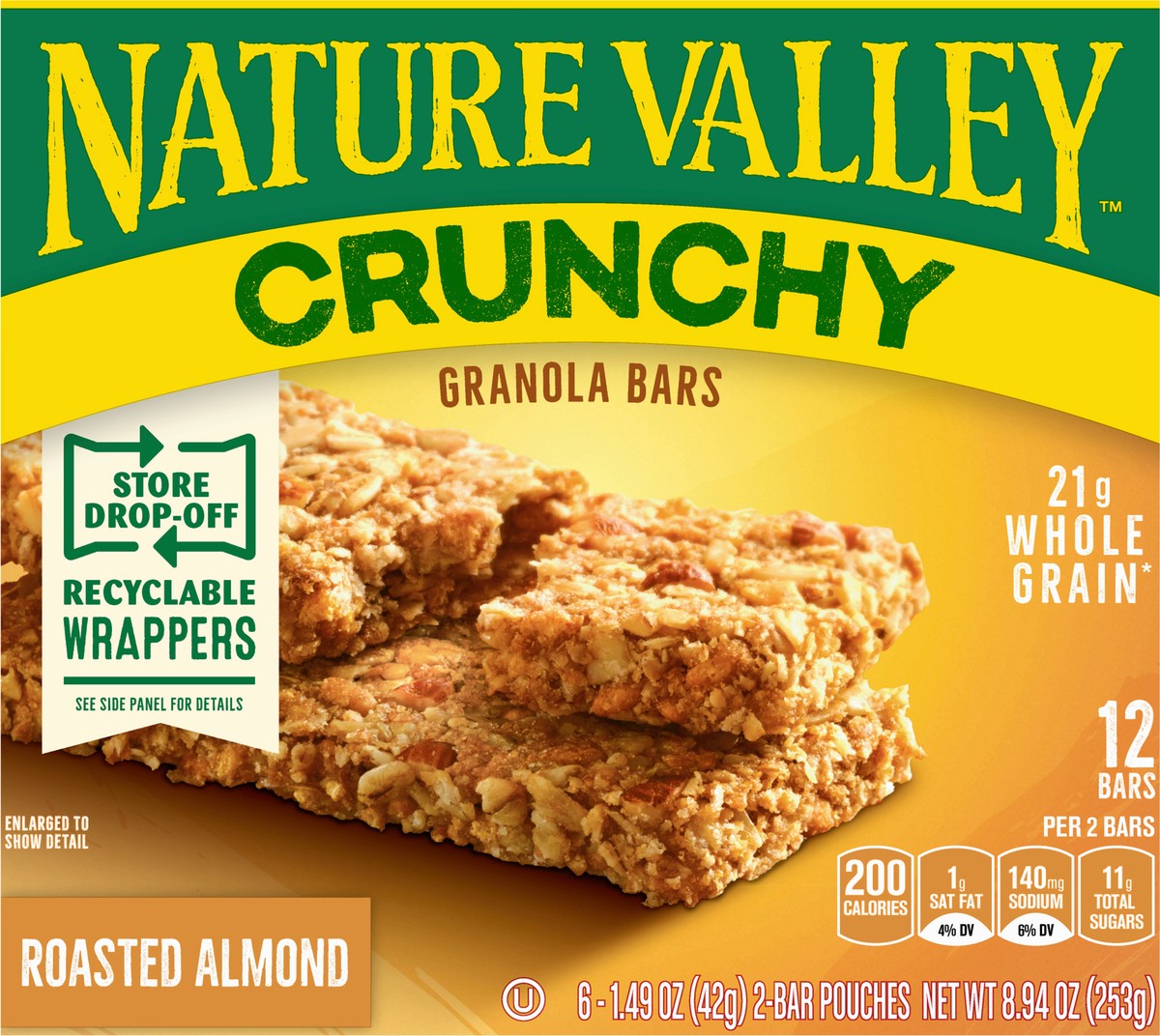 slide 2 of 14, Nature Valley Crunchy Granola Bars, Roasted Almond, 6 Pouches, 8.94 oz, 6 ct