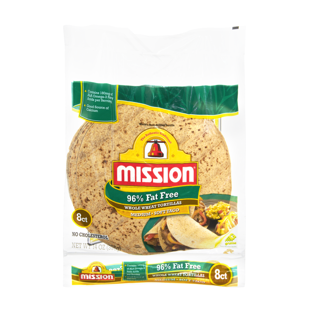 slide 1 of 1, Mission 95% Fat Free Whole Wheat Medium Soft Taco Tortillas, 8 ct