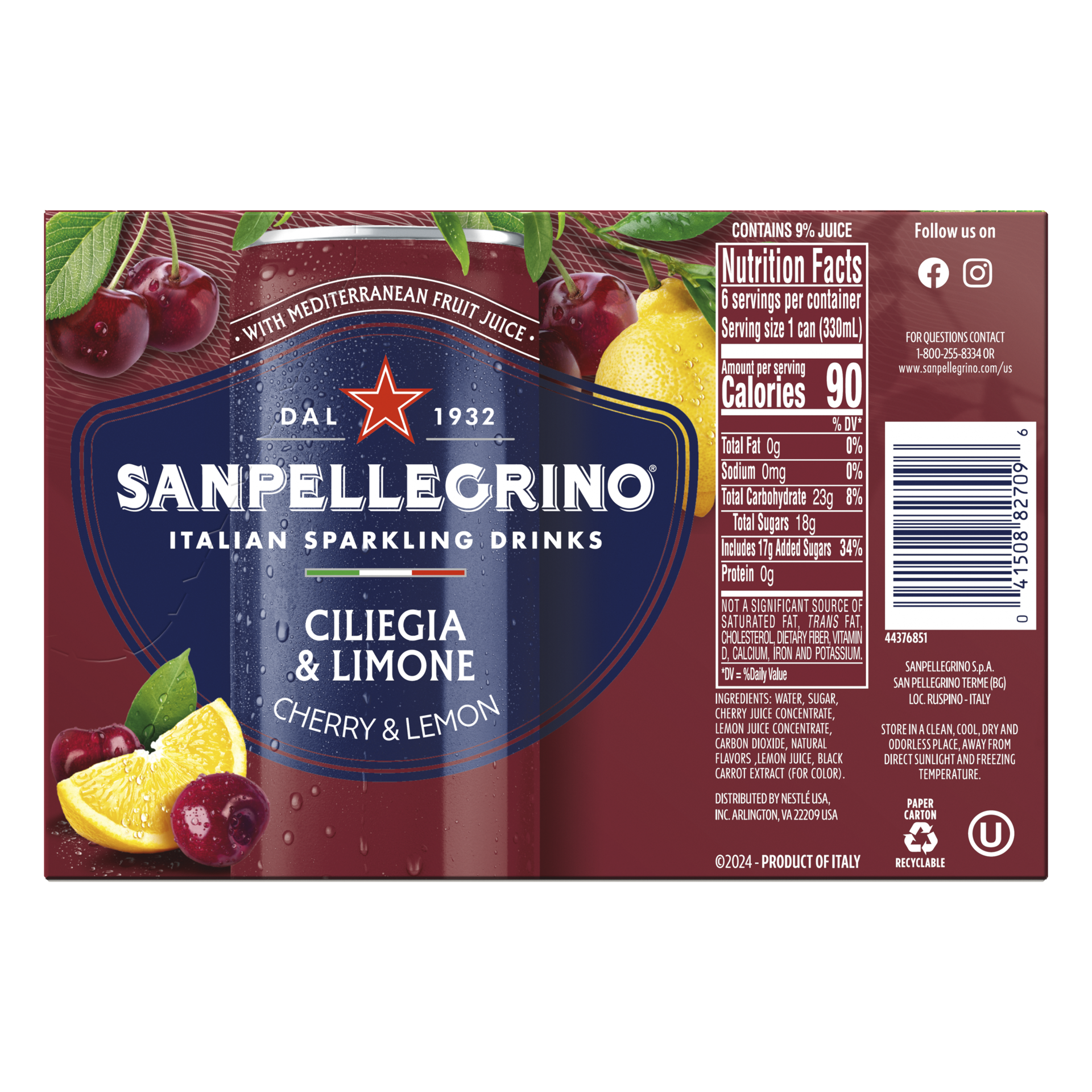 slide 4 of 7, San Pellegrino Sanpellegrino Italian Sparkling Drink Ciliegia and Limone, Sparkling Cherry and Lemon Beverage, 6 Pack, 
